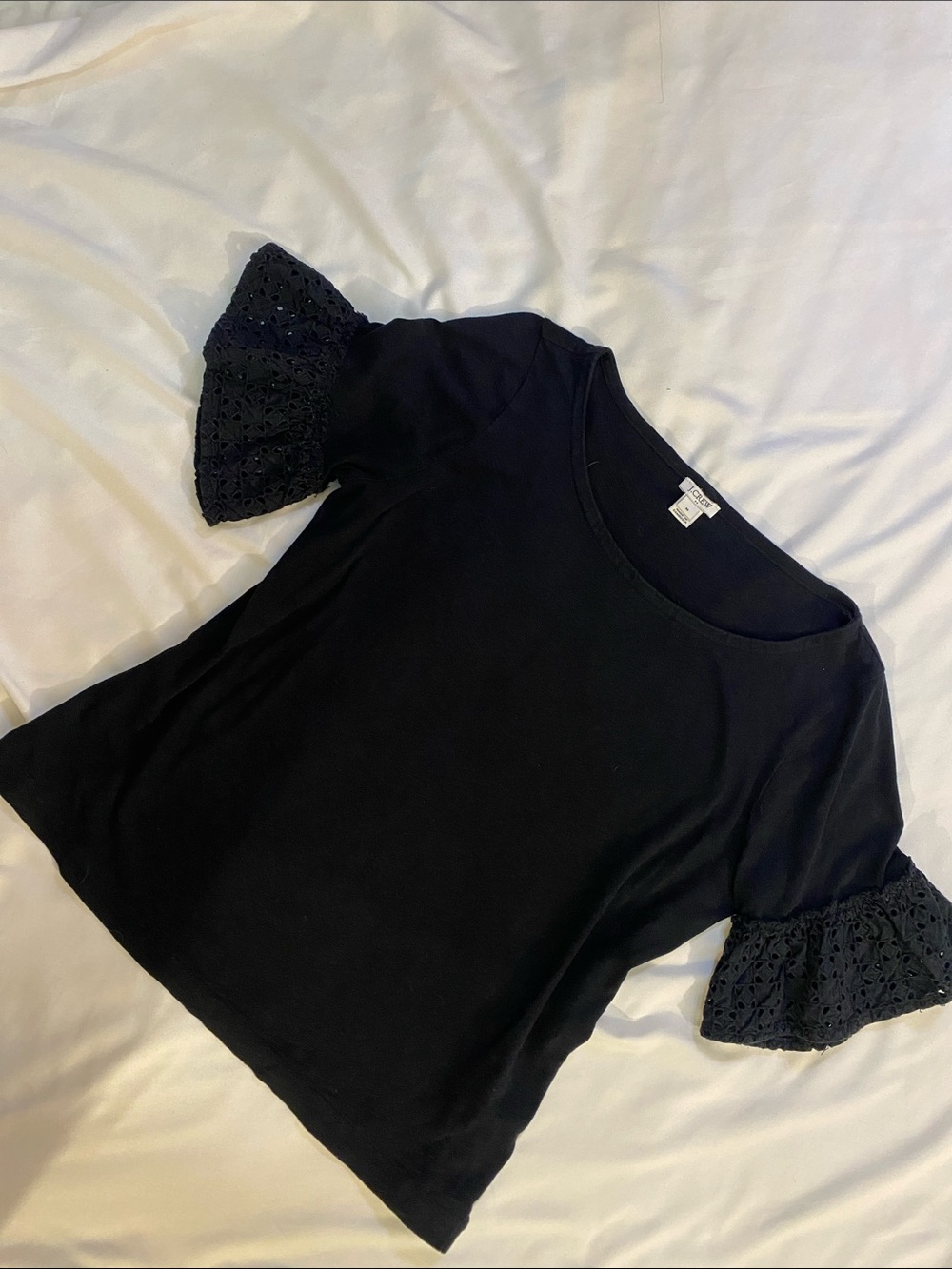 J. Crew Black Short Sleeve Tee with Eyelet Flutter Sleeves